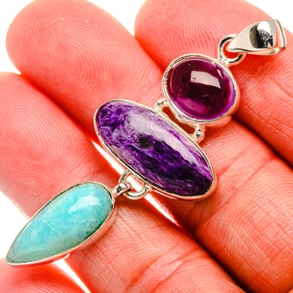 Charoite, Larimar, Amethyst Pendant 2 1/4" (925 Sterling Silver) PD37895