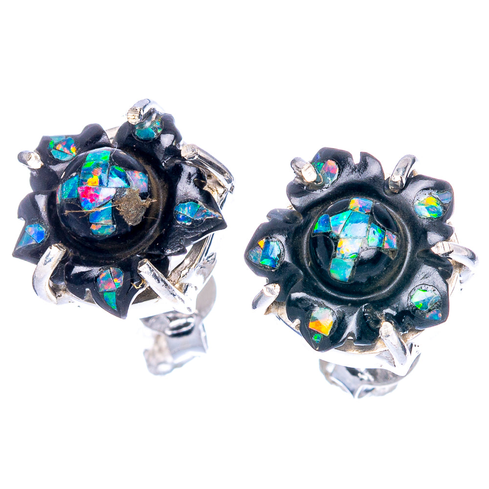 Rare Opal Black Onyx Flower Earrings 1/2" (925 Sterling Silver) E1135
