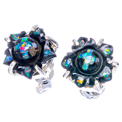 Rare Opal Black Onyx Flower Earrings 1/2" (925 Sterling Silver) E1135