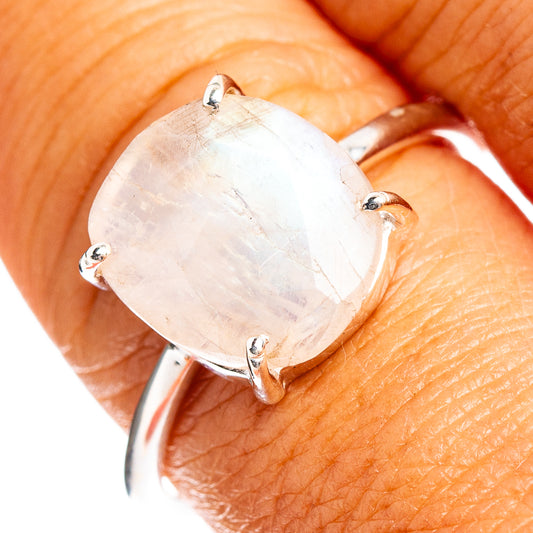 Sterling silver moonstone ring with large oval faceted stone and four prongs