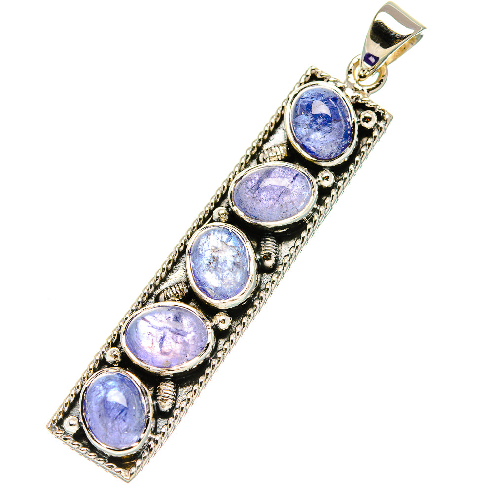 Four oval blue gemstone pendant in sterling silver, angled view with hanging bail