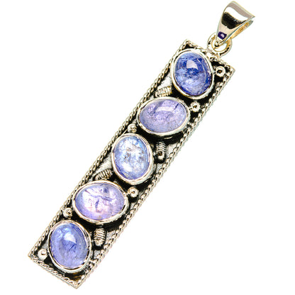 Four oval blue gemstone pendant in sterling silver, angled view with hanging bail