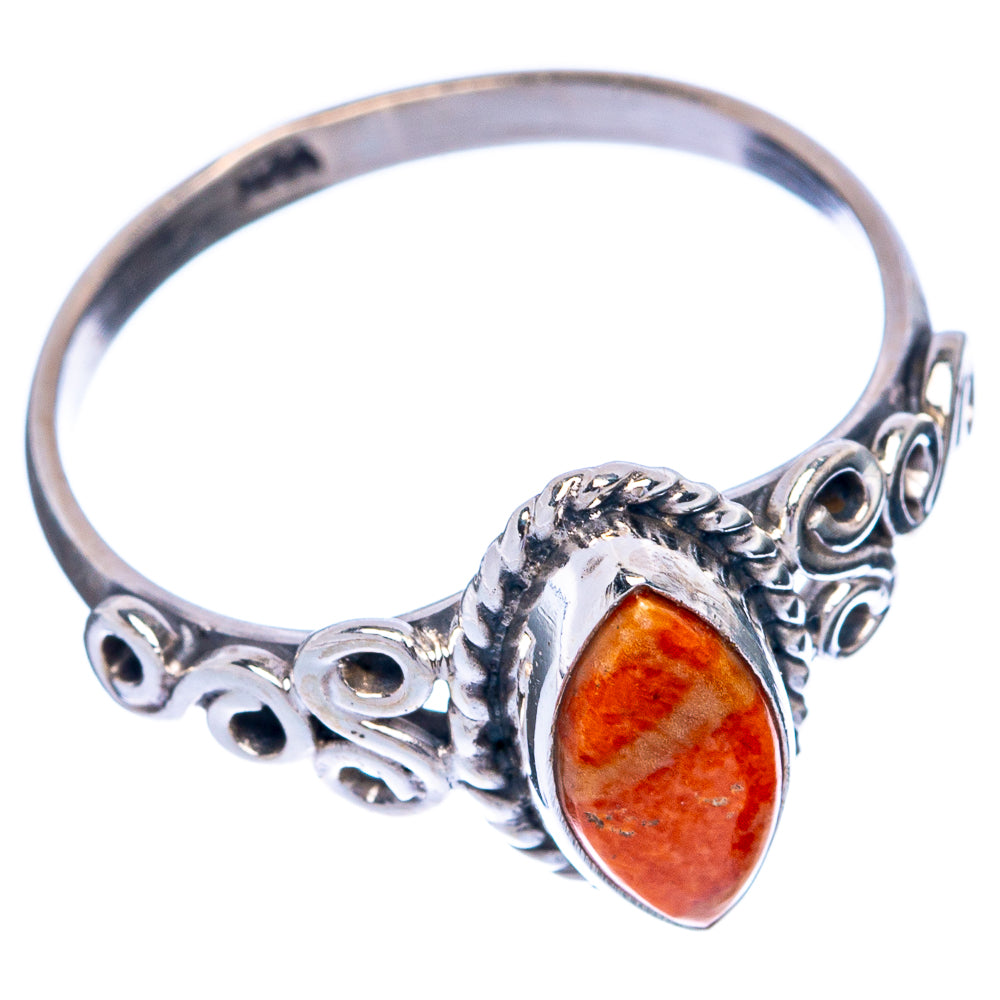 Sterling silver ring with orange coral teardrop center stone, size 8