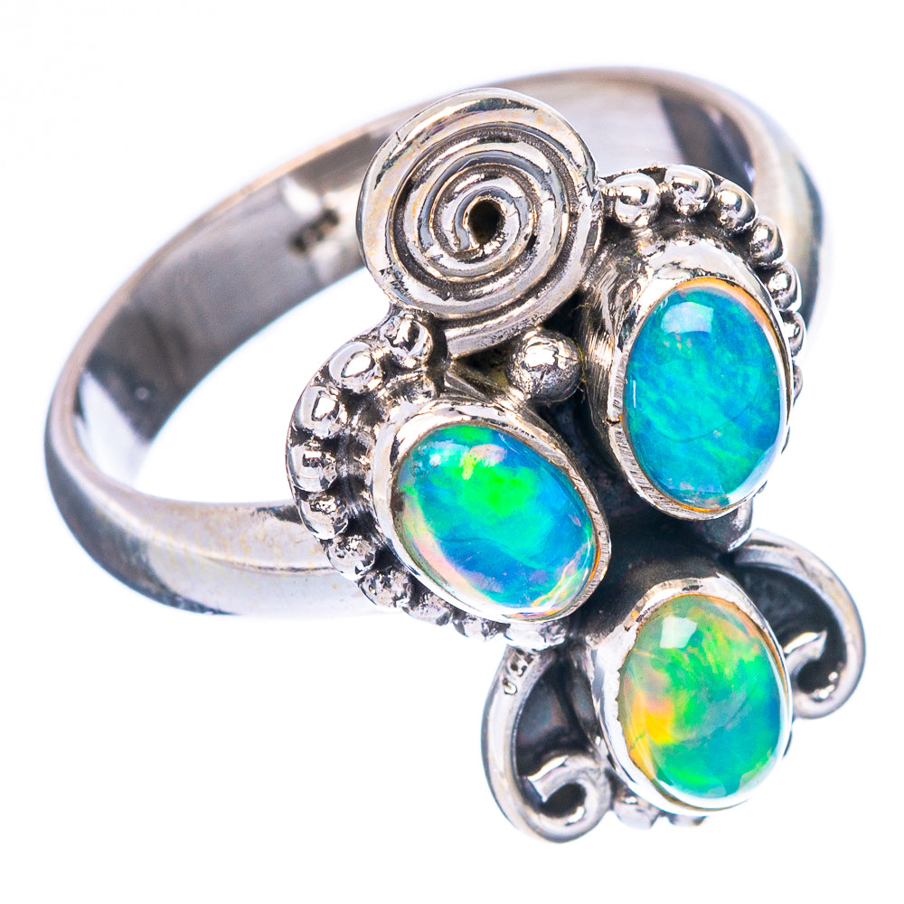 Sterling silver ring with three oval green-blue opal cabochons and round bezel detail