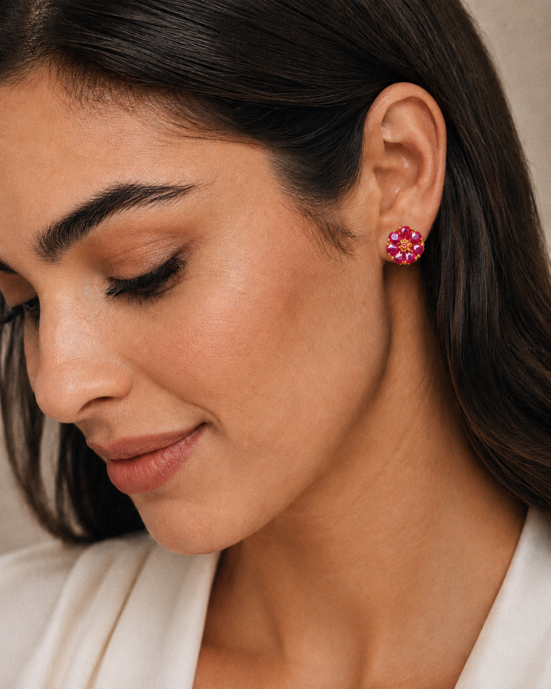 Ruby Floral Cluster Earrings 1/2" (.925 Sterling Silver) 24k Gold Plated