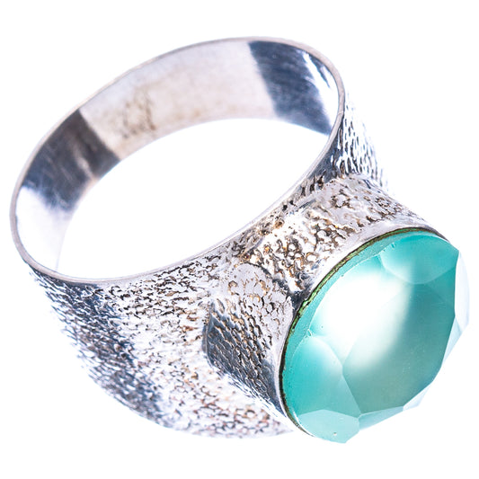 Sterling silver ring with faceted teal oval chalcedony and brushed texture band, size 8