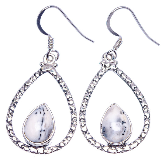 Sterling silver teardrop earrings with white dendritic opal teardrops and looped hooks
