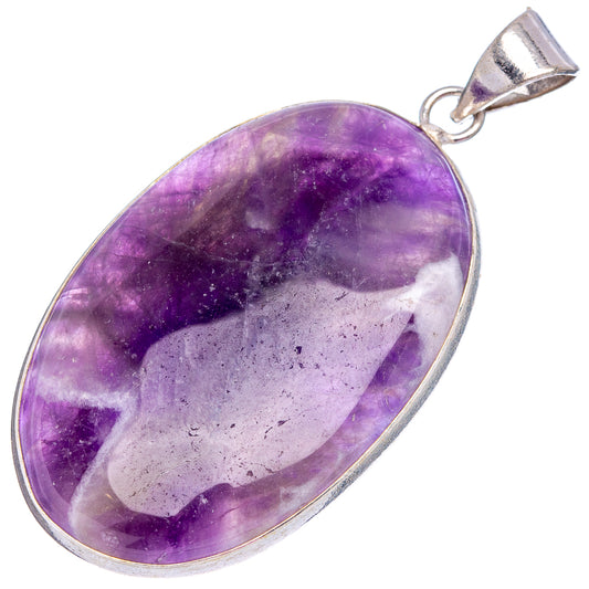 Fluorite pendant, large oval purple stone bezel set with silver-plated frame and bail