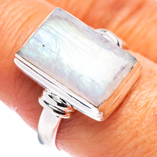Sterling silver ring with square rainbow moonstone cabochon, prong-set bezel, size 9