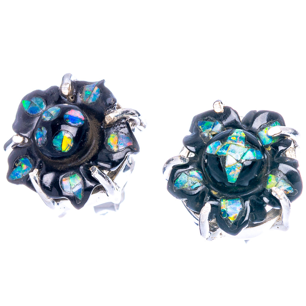 Rare Opal Black Onyx Flower Earrings 1/2" (925 Sterling Silver) E1128