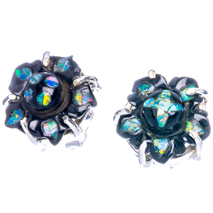 Rare Opal Black Onyx Flower Earrings 1/2" (925 Sterling Silver) E1128