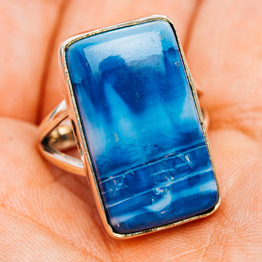 Sterling silver opal ring, rectangular bright blue stone in gold-tone bezel, size 7