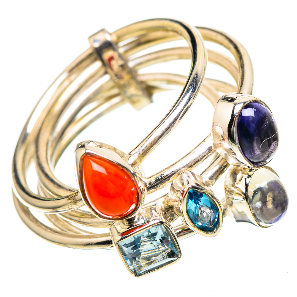 Sterling silver gemstone ring with red coral, blue topaz, oval tanzanite, moonstone