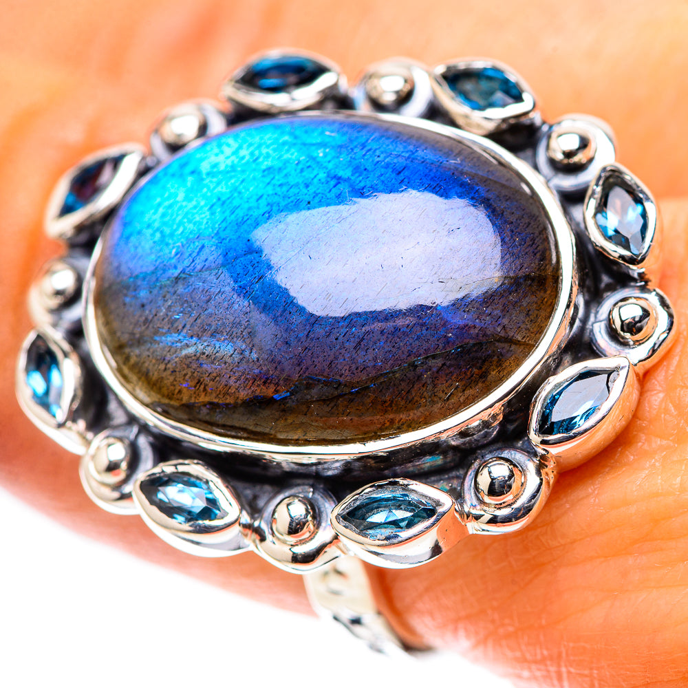 925 sterling silver labradorite oval ring with blue topaz accents