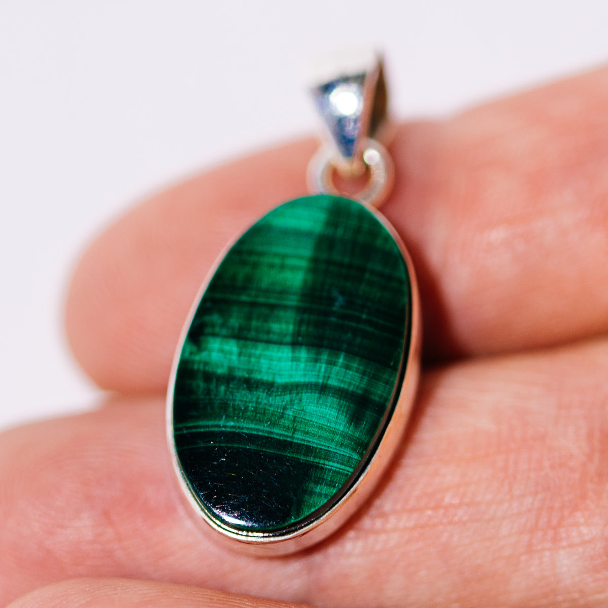 Chatoyant Malachite Pendant 1 1/4" (.925 Sterling Silver)