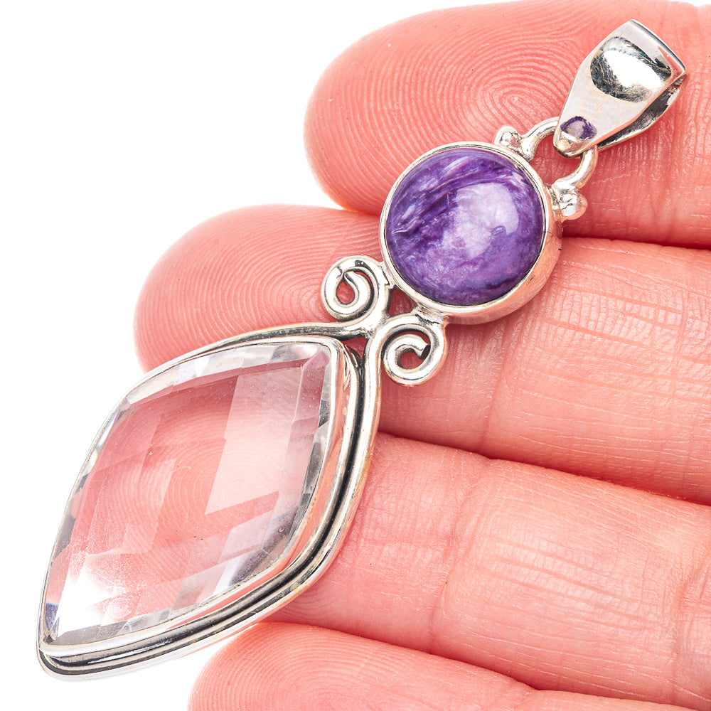 White Quartz, Charoite Pendant 2 1/8" (925 Sterling Silver) P40600
