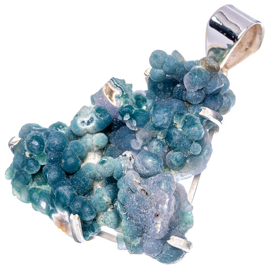 Grape agate pendant featuring blue druzy cluster with silver bail, angled view