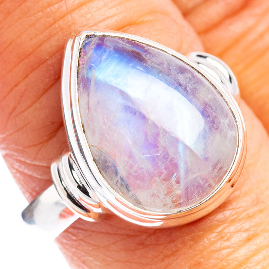 Sterling silver moonstone ring with teardrop cabochon, iridescent rainbow flashes