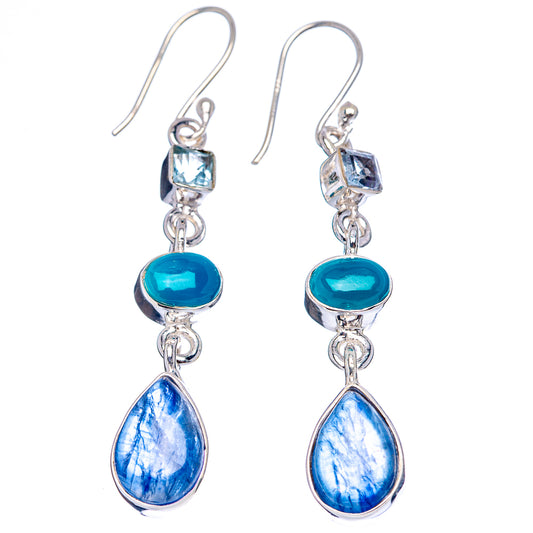 Sterling silver dangling earrings with blue top square, turquoise round, blue teardrop