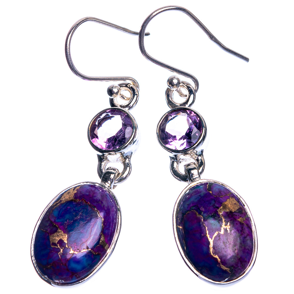 Sterling silver drop earrings with round purple stones and large purple-blue oval dangles