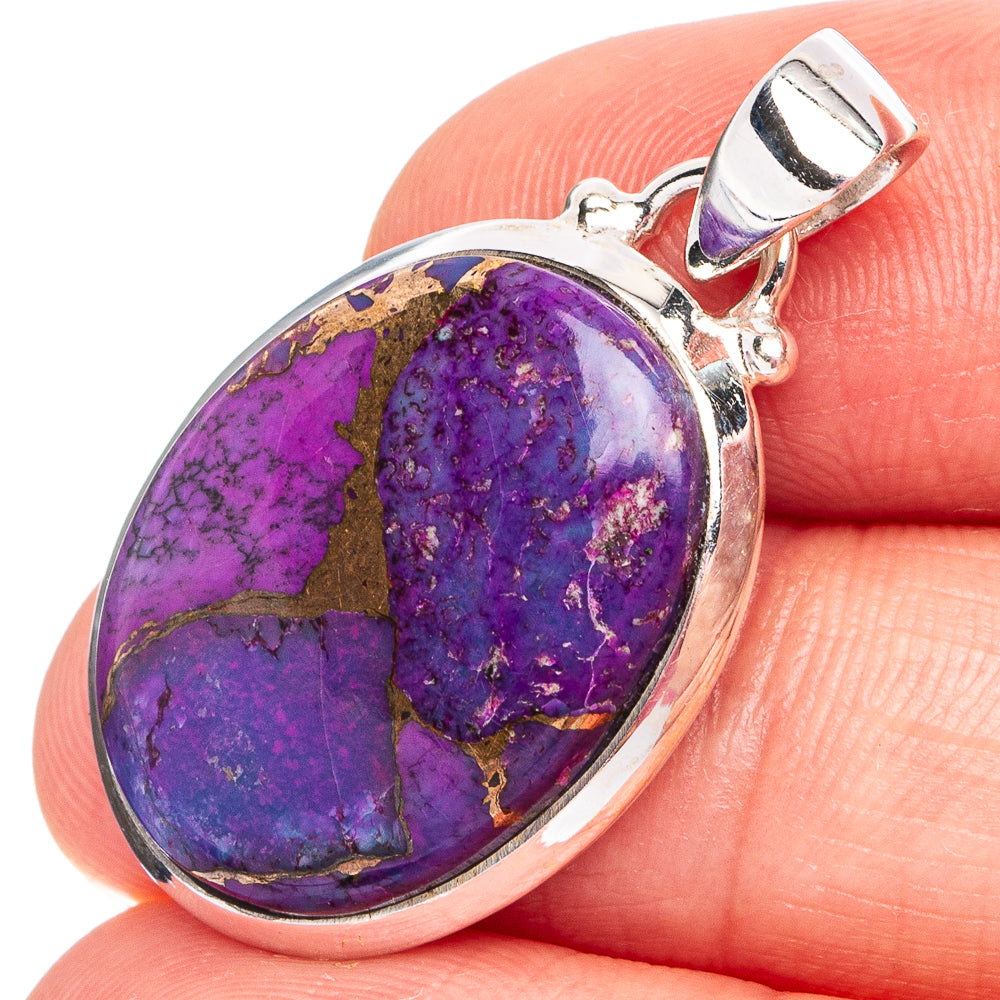 Oval purple copper turquoise pendant set in .925 sterling silver bezel, bail top