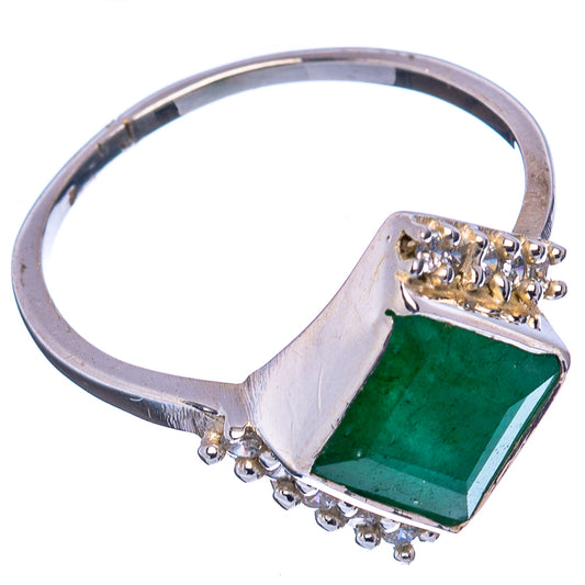 Silver ring with green square gemstone and side cluster prong settings