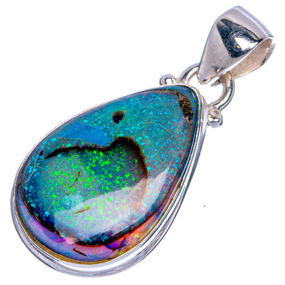 Sterling silver opal pendant, elongated oval cabochon with blue-green iridescent pattern