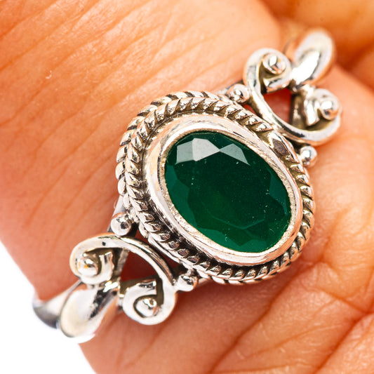 Green onyx solitaire ring in .925 sterling silver, oval bezel with braided border