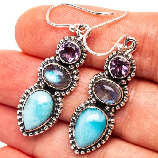 Sterling silver gemstone earrings with round amethyst, oval labradorite, teardrop larimar