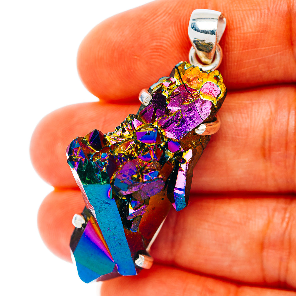Sterling silver bail aura quartz cluster pendant in rainbow iridescent colors