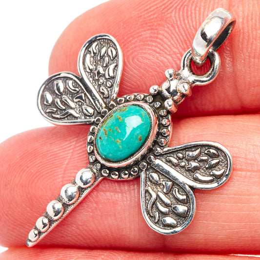 Turquoise oval dragonfly pendant, .925 sterling silver with detailed leaf-like wings