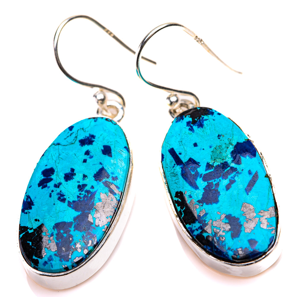 Shattuckite oval drop earrings, turquoise-blue speckled cabochon with sterling silver bezel