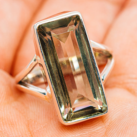 Green amethyst faceted cushion ring in .925 sterling silver, side view with prongs.