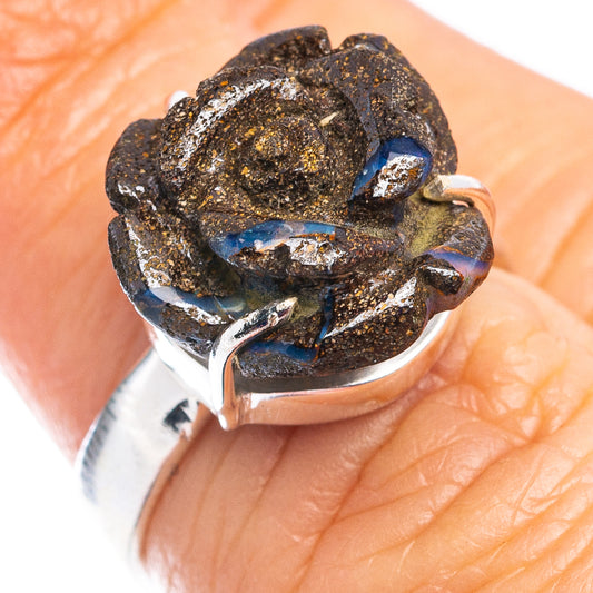 Sterling silver ring with dark boulder opal cluster and blue highlights, open band