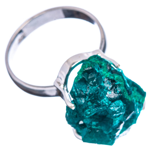 Raw dioptase ring, size 8, rough teal crystal with silver prongs on .925 sterling band