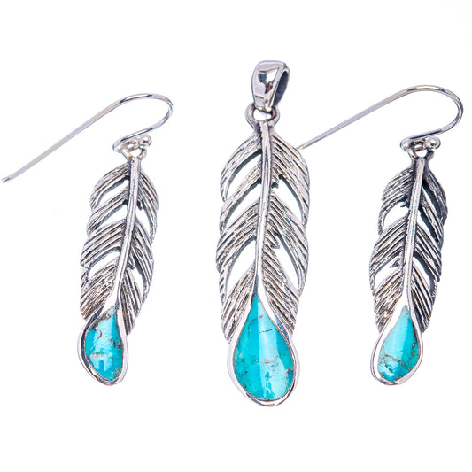 Silver feather pendant and turquoise teardrop dangle earrings, set
