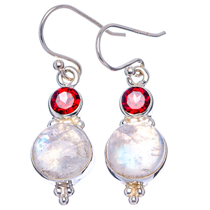 Rainbow Moonstone, Garnet Earrings 1 3/8" (.925 Sterling Silver)
