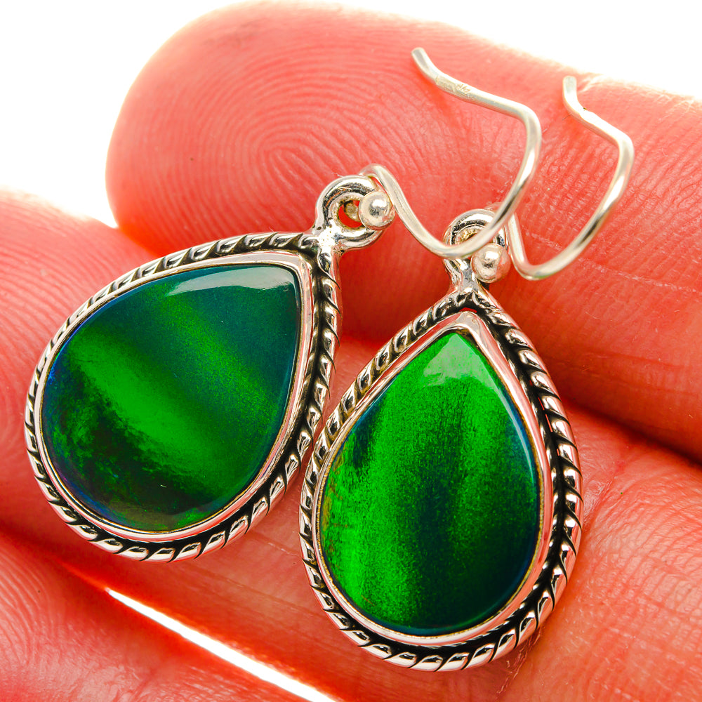 Sterling silver teardrop opal earrings with green glass, rope border and hook backs