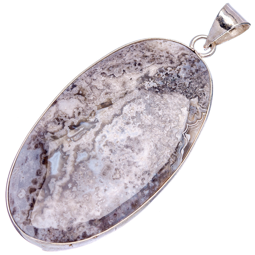 Silver-plated oval lace agate pendant with gray stone and outlined bezel.