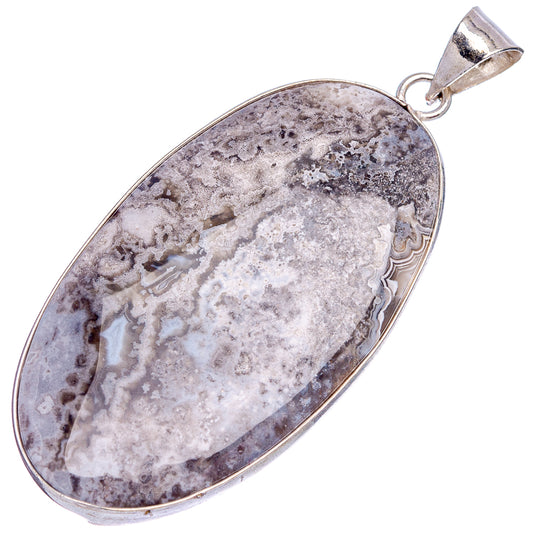 Silver-plated oval lace agate pendant with gray stone and outlined bezel.