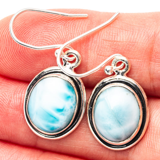 Sterling silver larimar drop earrings with oval turquoise cabochons and fishhook backs