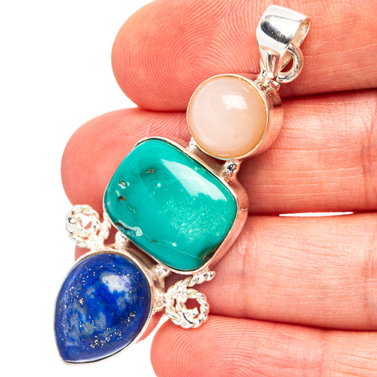 Sterling silver pendant with turquoise, lapis lazuli, and peach moonstone cabochons