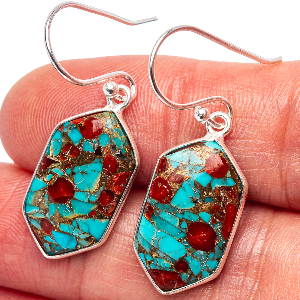 Coral Turquoise Matrix Earrings 1 3/8" (.925 Sterling Silver)