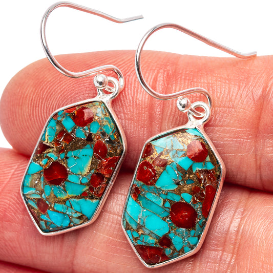 Turquoise and coral matrix teardrop earrings with .925 sterling silver hooks