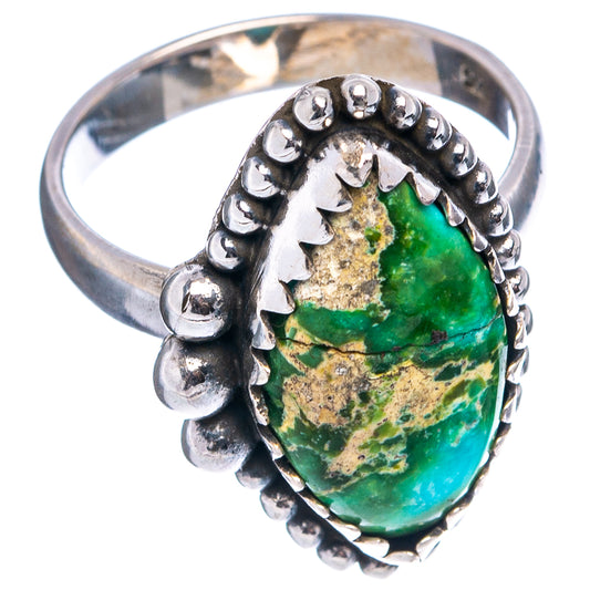 Oval green turquoise stone set in 925 sterling silver ring with raised beads