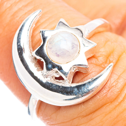 925 sterling silver moon-and-sun dainty ring with crescent setting and iridescent moonstone