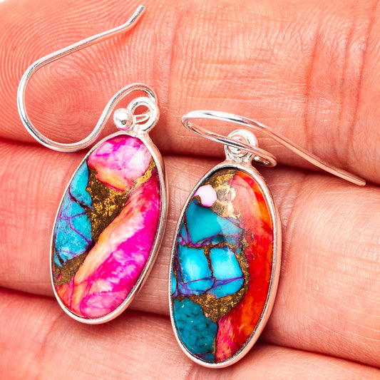 Oval pink, turquoise, and gold stone-effect drop earrings with sterling silver hooks