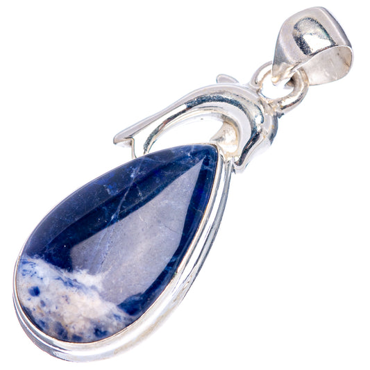 925 sterling silver dolphin pendant with teardrop sodalite cabochon, angled view