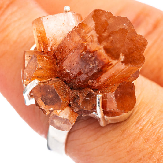Orange aragonite ring with .925 sterling silver band and rough crystal cluster