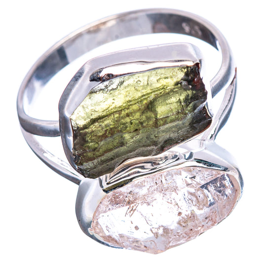 Sterling silver statement ring with olive green stone and clear quartz cabochon settings